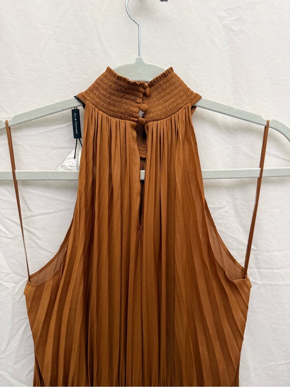 Elie Tahiri Pleated Halter Maxi Dress in Rust